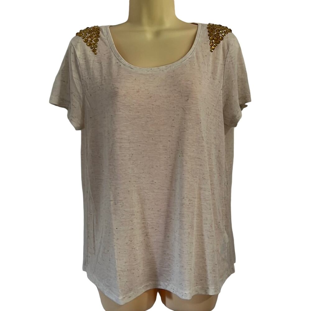 H&M Beige Oatmeal Fleck Knit Top wi Jewel Embellishments Woman Size Medium Y2K